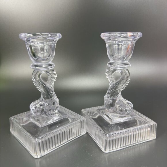 Imperial Glass Clear Dolphin Koi Fish Candlestick Candle Holder Set 2 Votive VTG - Picture 1 of 11